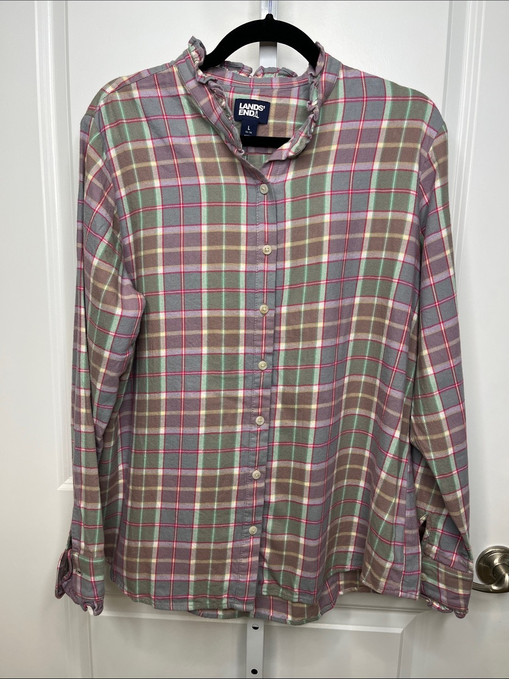 Lands' End Plaid Button-Down Shirt in Green, Pink and Tan Ruffled Collar/Sleeves
